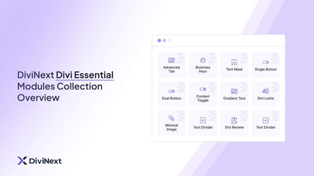 DiviNext Divi Essential Modules Collection Overview DiviNext Divi Essential Modules showcase featuring carousel, flip box, and gallery slider